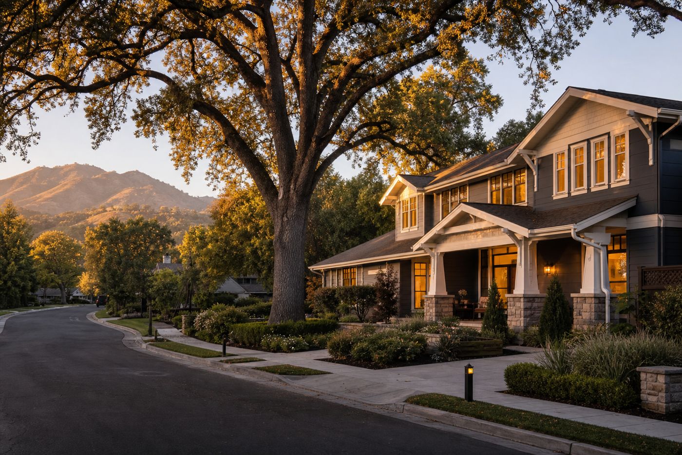 Aerial view of an East Bay residential neighborhood in the Hayward hills at golden hour